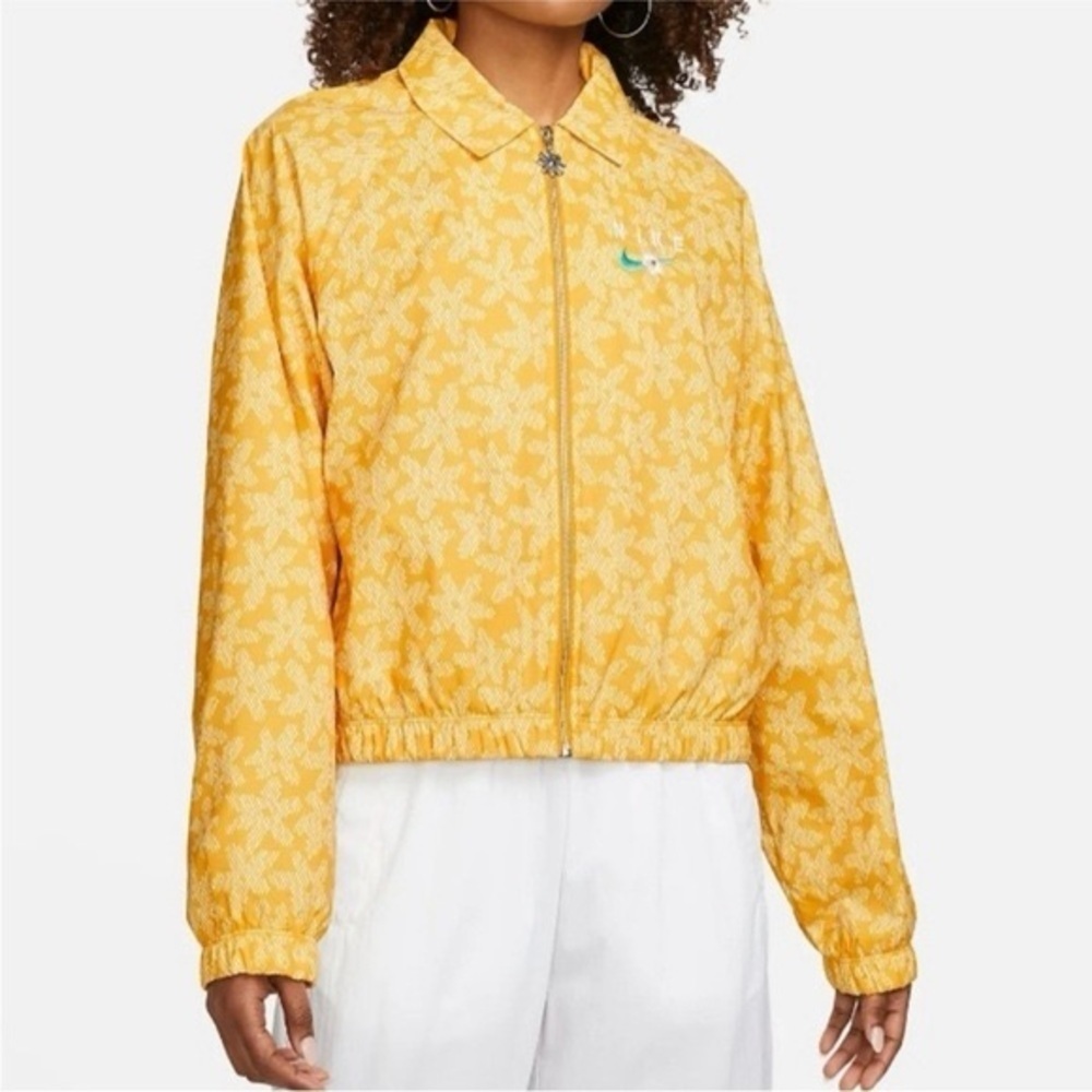 Nike Sports Daisy Woven Yellow Floral Houndstooth windbreaker Jacket Sz-L. DD5